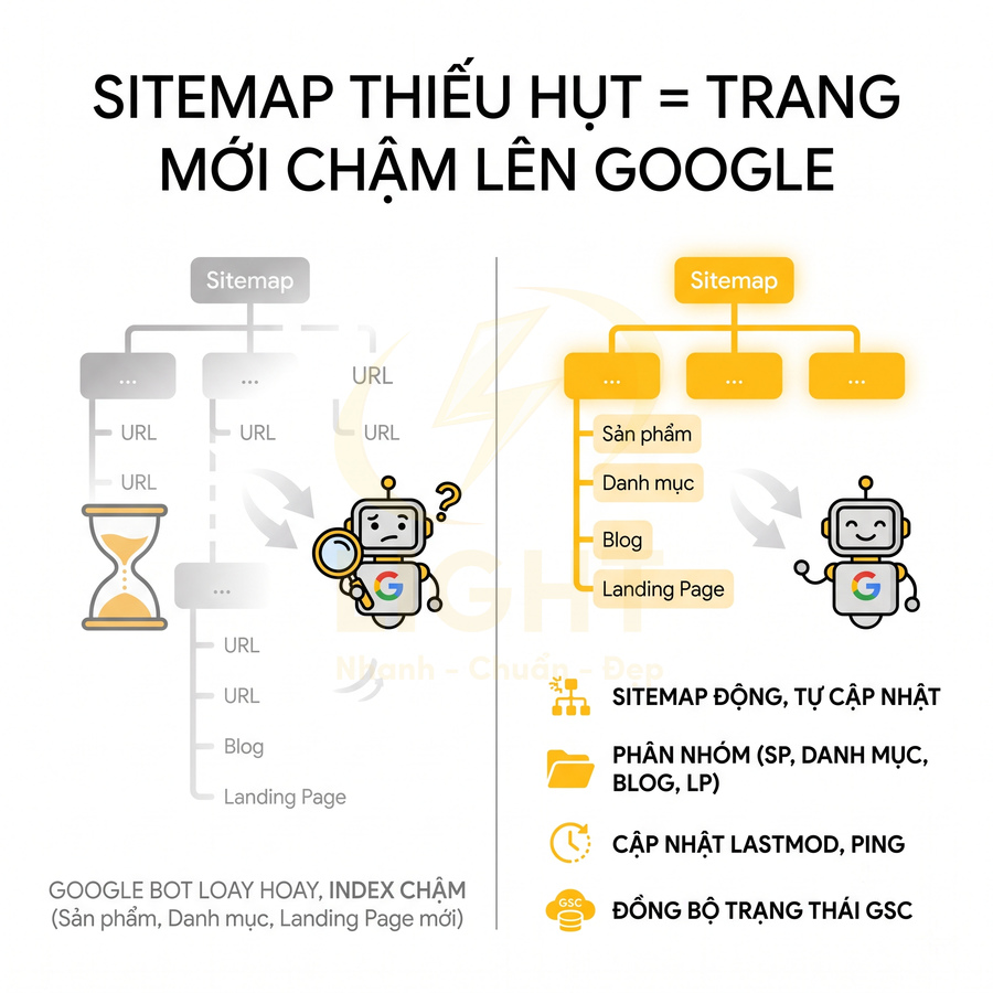 Minh họa so sánh sitemap thiếu và sitemap đầy đủ giúp Google bot index nhanh trang sản phẩm, danh mục, blog, landing page